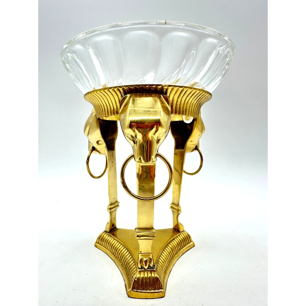 Vintage ACC Brass Tiger Head Centerpiece Bowl Tripod Clear Glass Regency